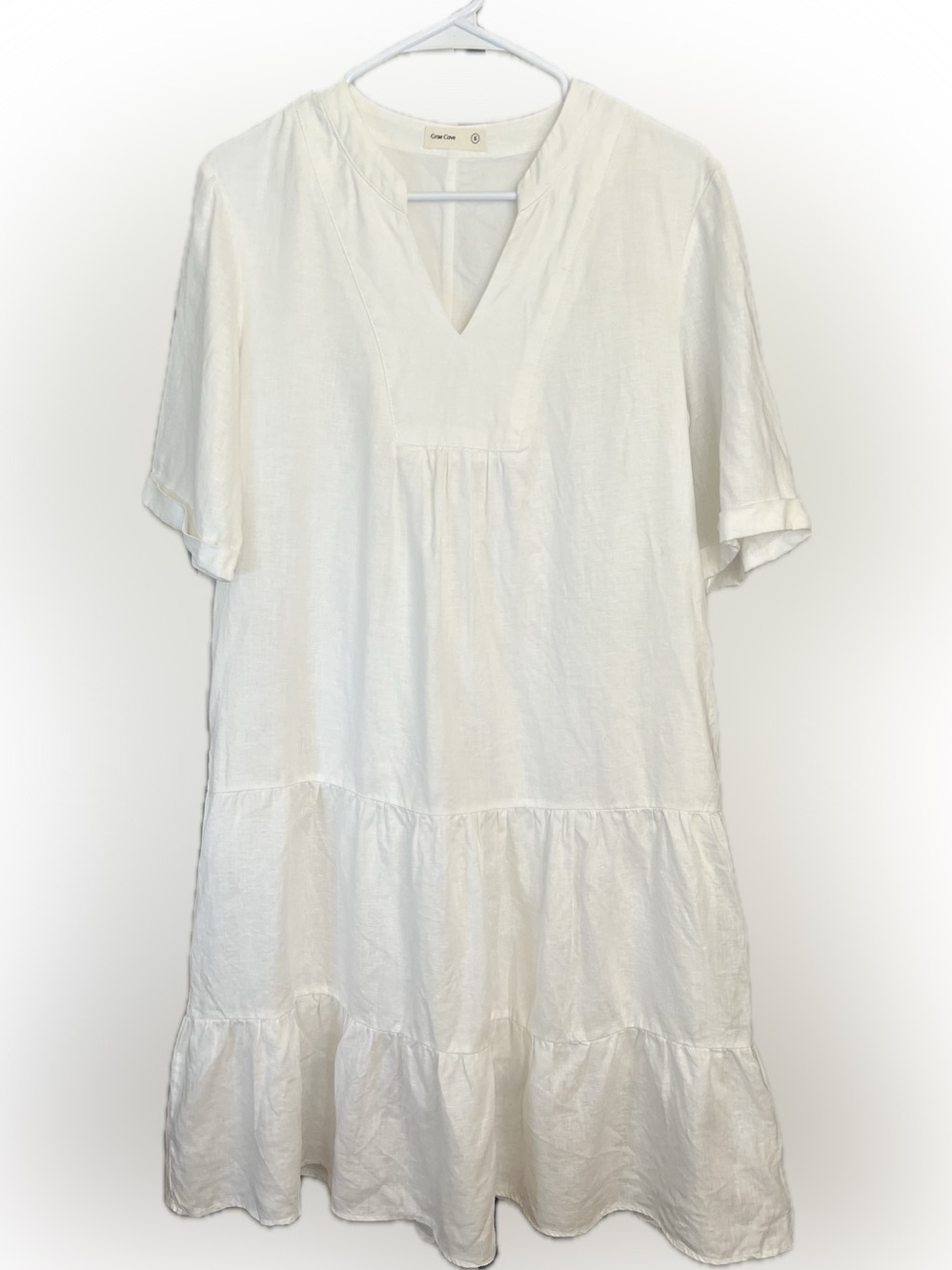 Classic Beachy White Linen V-Neck Tiered Midi Dress